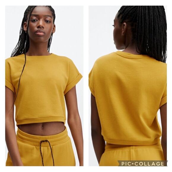 Fabletics Mustard Yellow Cassie Short Sleeve Sweatshirt Roll Sleeve Sz XL - Picture 1 of 6